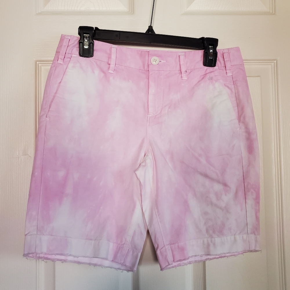 G1 Goods Pink Tie-Dyed Shorts Bermuda Fringed Hem Size 4 Mid-rise Paper Twill